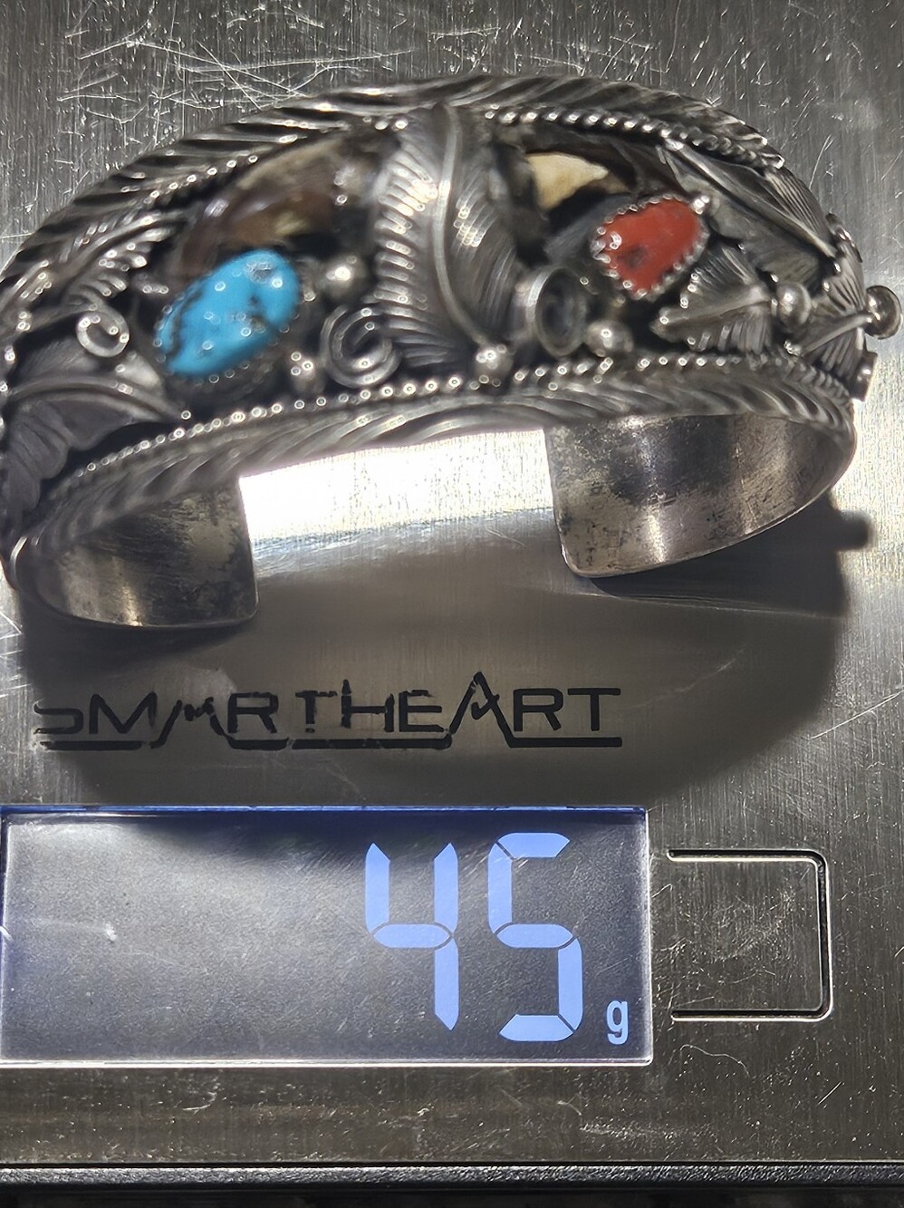 Vintage Handmade Sterling Silver Navajo Cuff Bracelet Turquoise Coral Stones - Picture 2 of 16